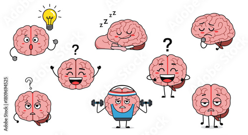 Engaging brain characters showcasing mental states and activities like sleeping, weightlifting, having ideas, expressing emotions, and posing questions