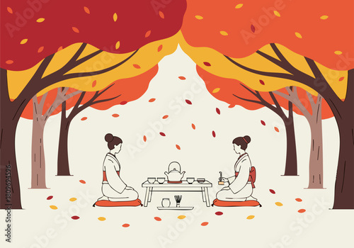 Two women enjoy a traditional tea ceremony amidst autumn foliage. A serene scene of Japanese culture and seasonal beauty. Perfect for lifestyle and wellness themes.