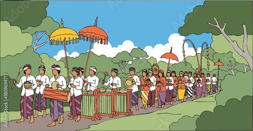 A vibrant procession in Bali features musicians and bearers with umbrellas. A joyful cultural scene, perfect for travel and celebration themes.