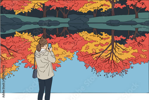 A woman photographs vibrant autumn foliage, reflecting in a calm lake. A modern, contemplative scene with rich colors and a sense of peaceful observation.
