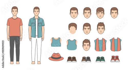 Create a Personalized Male Character with Wardrobe Options, Featuring Modern Style and Expressive Hairstyles for Game Development or Fashion Illustration