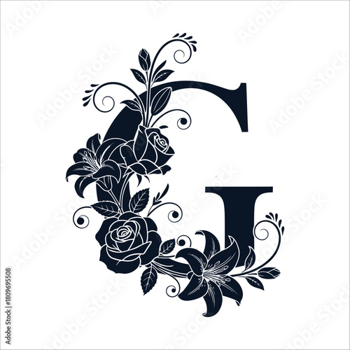 Ornate dark blue letter g initial decorated with detailed rose and lily flower arrangement, isolated on