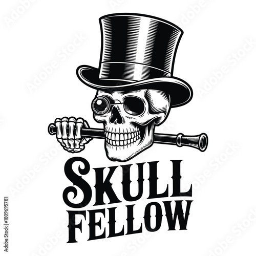 Elegant skull fellow with top hat cane and monocle vector art