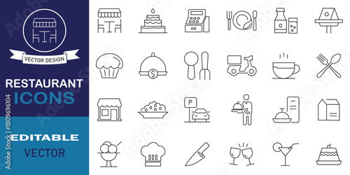 Restaurant line editable icon set. Food, business, meat, fish, pork, diner, fast food, cooking, menu, waiter, kitchen, award, review, table, ice cream, cake, drinks and more. Vector illustration.