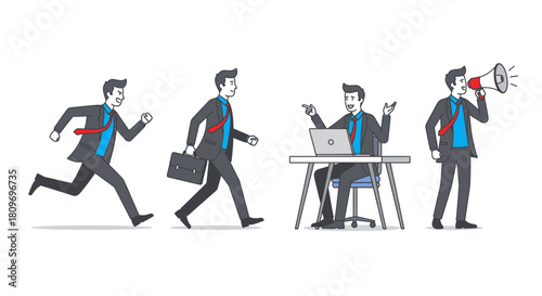 Dynamic businessman character set showing career stages, from running to briefcase to office job to leadership, a vector illustration for professional business needs
