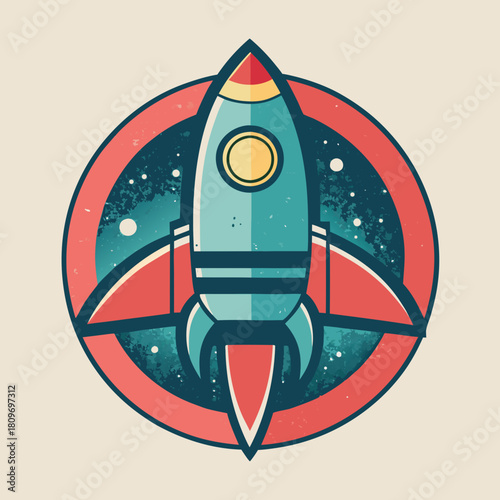 Vintage Retro Space Rocket Illustration with Grainy Texture Mid-Century Sci-Fi Vector Design