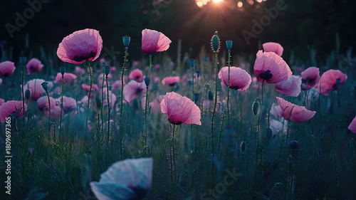 A beautiful field of pink flowers with the sun shining in the background, ideal for spring or summer themed designs