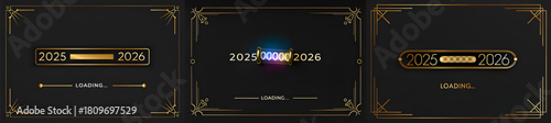 Three variations of a loading screen transitioning from year 2025 to 2026 with gold accents