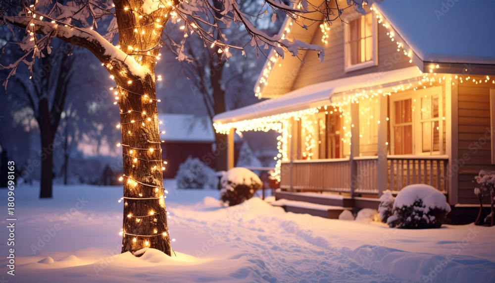 Fototapeta premium Cozy house adorned with warm white Christmas lights creates festive winter scene in snow