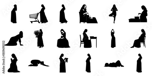 Diverse silhouette poses of pregnant women on white background