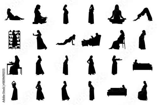 Collection of pregnant women silhouettes in diverse poses and settings Keywords: pregnant