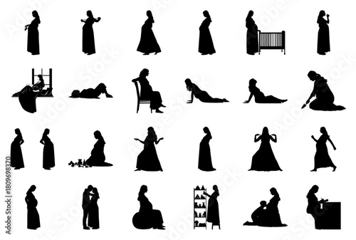 Pregnant women silhouettes in different poses and with baby items Keywords: pregnant, silhouette