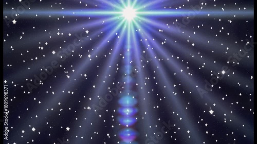 A bright star with light rays in space is the background of a blue cosmic nebula with sparks