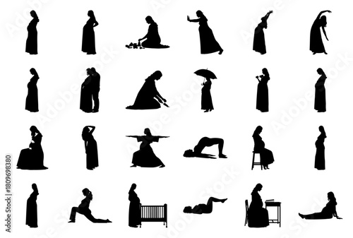 Pregnant women silhouettes in various daily activities and poses Keywords: pregnant, silhouette