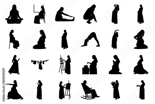 Silhouette collection of pregnant women in various poses and activities