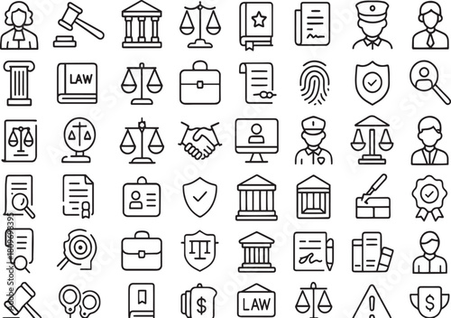 Set of linear icons related to law, justice, and legal services