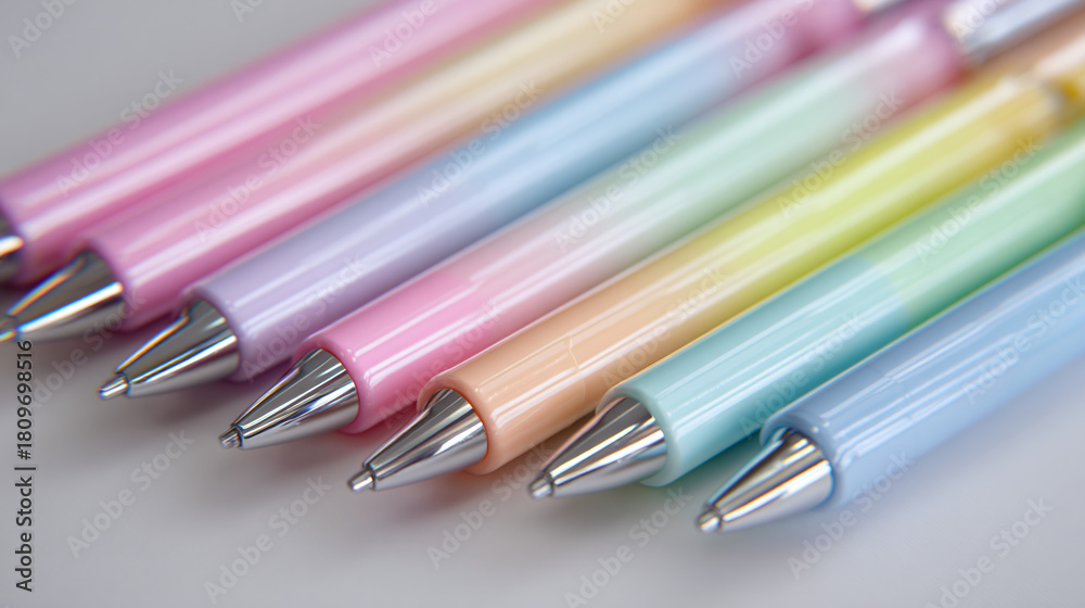 Fototapeta premium A colorful array of pastel pens arranged in a neat row, showcasing their vibrant hues and design details. This image is perfect for stationery, education, and art-related themes