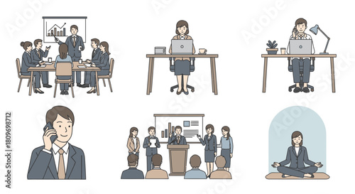 Diverse professional team collaborating, presenting, and connecting, showing modern business success and well-being, originally a scalable vector graphic