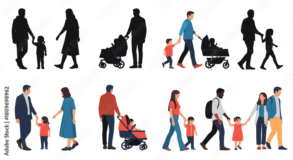 Fototapeta premium Diverse families strolling together, parents and children walking, pushing strollers in a modern, inclusive community, showcasing family values and unity
