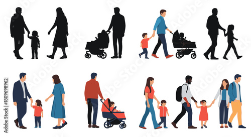 Diverse families strolling together, parents and children walking, pushing strollers in a modern, inclusive community, showcasing family values and unity