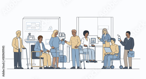 Inclusive workplace showing diverse colleagues with disabilities thriving, modern office setting promoting accessibility and opportunity for all team members