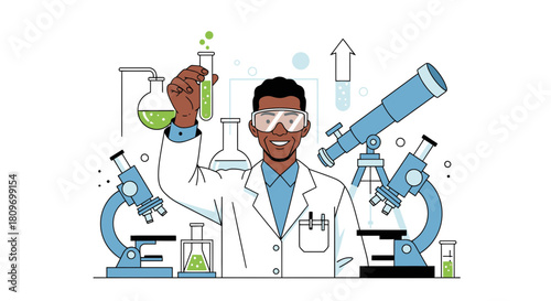 Enthusiastic scientist smiles with scientific equipment, perfect for illustrating discovery, research, and innovation in a modern educational setting
