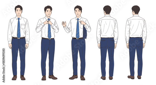 Stylish young professional man dressing for work, tying his tie and putting on his suit jacket, multiple views for fashion design or pattern making