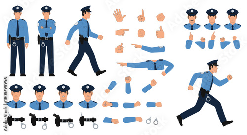 Create your own heroic police officer character with mix and match poses, expressions and arms in this customizable vector asset for engaging designs
