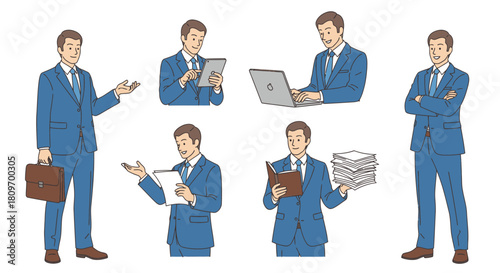 Professional businessman in various poses: confident, working on laptop and tablet, reviewing documents, and holding briefcase, perfect for business illustrations