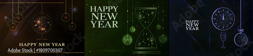 A festive new year celebration with clocks and ornaments in gold green and blue color schemes