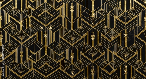 Elegant Art Deco Pattern with Geometric Shapes and Gold Accents on Black Background