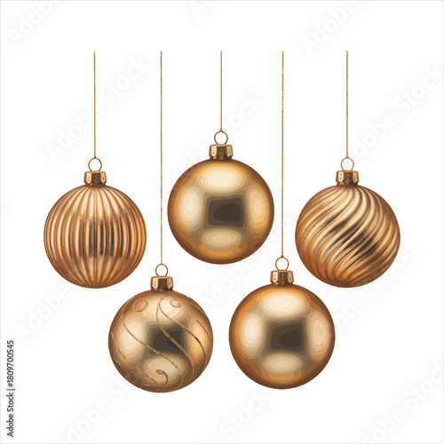 Five golden Christmas balls with different patterns hang gracefully on white background, creating an elegant display
