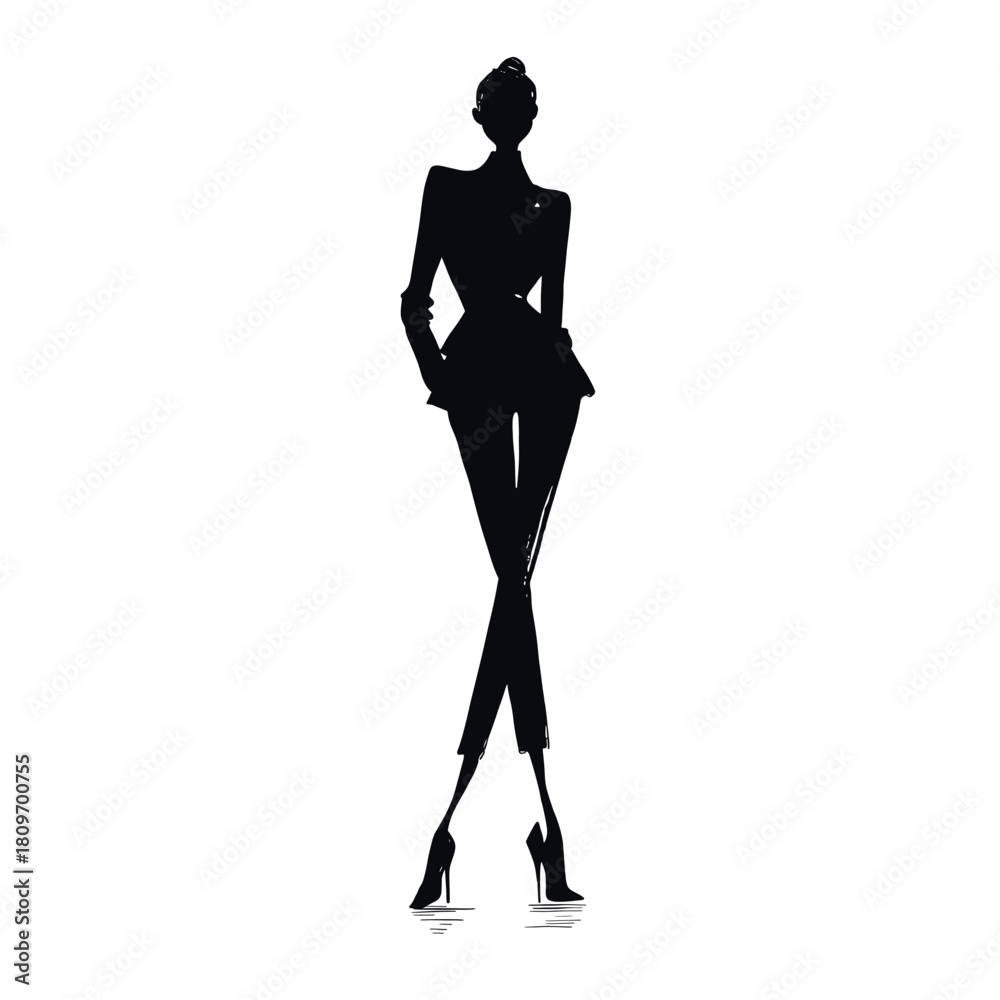 Fototapeta premium Minimalist hand-drawn silhouette of a stylish woman in a fitted blazer and heels, ideal for fashion branding, editorial layouts, and modern design projects