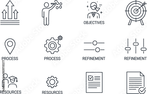 Business objectives process refinement resources icons set with checklist, gear, document, leadership, planning, strategy, vector illustration design