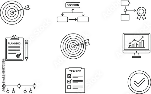 Project management icons set with planning, decision making, goals, analytics, task list, timeline, achievement, completion, vector illustration design
