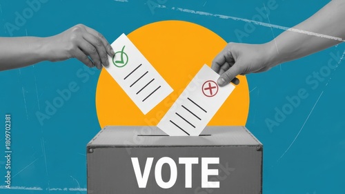 Two hands place different ballots into a collection container for public decision making