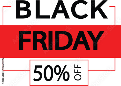 Clean black friday sale vector with bold red banner and 50 percent text on transparent background