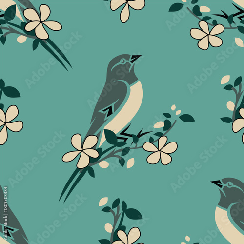 Seamless pattern of a pink pelican with flowers. Vector illustration
