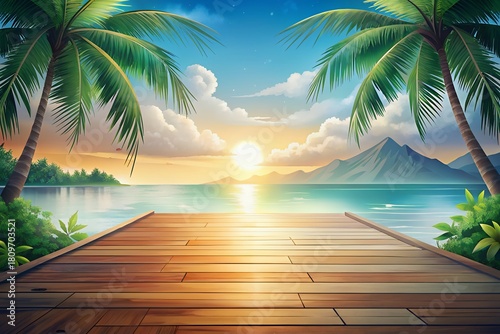 Tropical paradise sunset over the ocean with palm trees and dock
