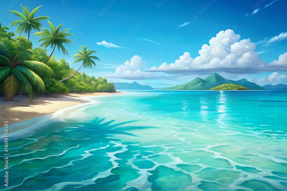 Fototapeta premium Tropical paradise beach with turquoise ocean and lush green island