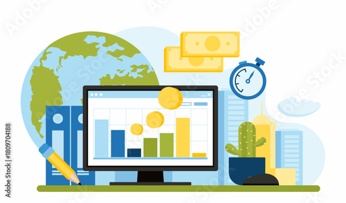 Passive income. Global statistics and data analysis for business investments. Financial statistics, calculations, and basic analysis are displayed on a computer monitor. Flat-style illustration