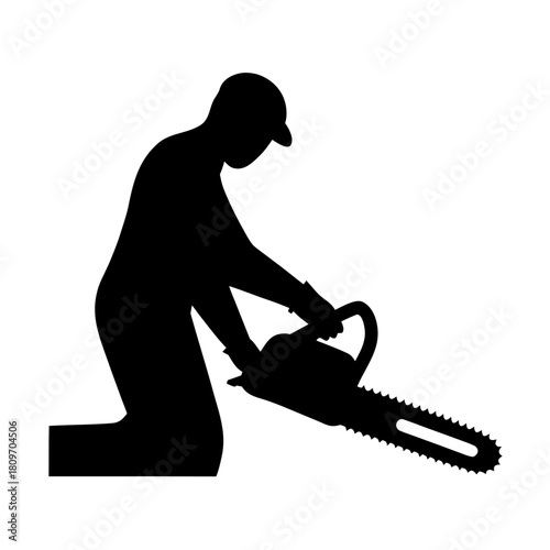Chainsaw operator silhouette using powerful cutting tool for tree work Vector