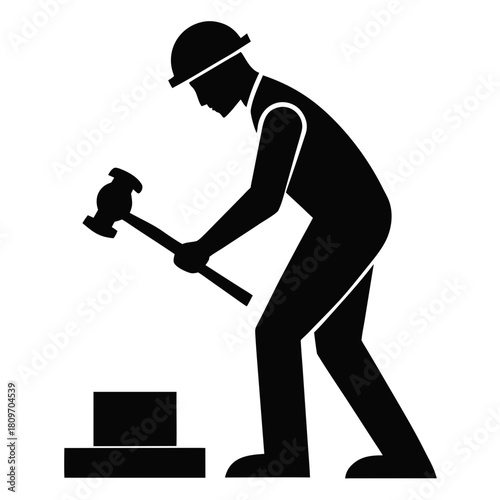 Worker in hard hat striking block with hammer - construction industry labor Vector