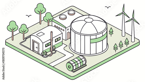 Biogas Production Plant Vector Illustration – Renewable Energy from Biomass, Methane Gas Generation, Eco-Friendly Digester System and Sustainable Power Technology