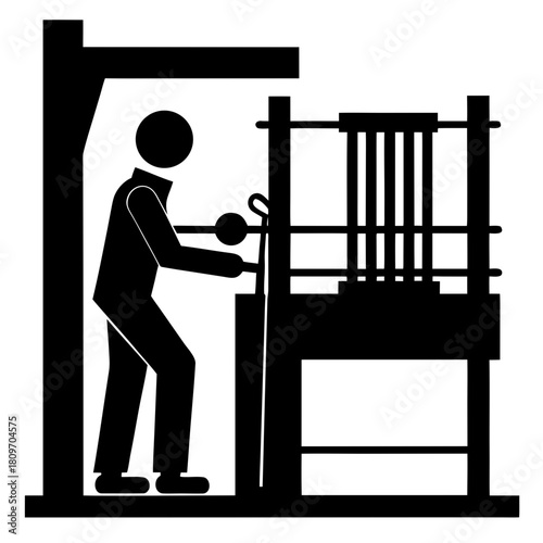 Person operating traditional weaving loom icon, textile craftsmanship skill Vector