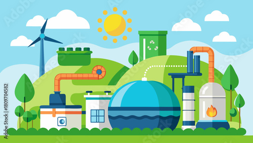 Biogas Production Plant Vector Illustration – Renewable Energy from Biomass, Methane Gas Generation, Eco-Friendly Digester System and Sustainable Power Technology