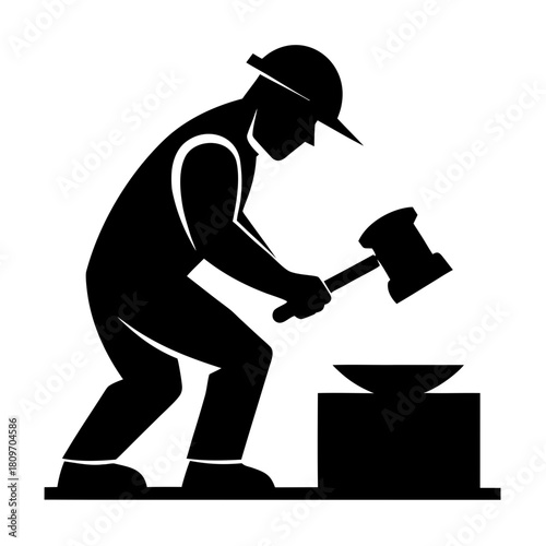 Blacksmith worker forging metal on an anvil with hammer, silhouette icon design