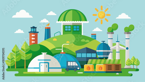 Biogas Production Plant Vector Illustration – Renewable Energy from Biomass, Methane Gas Generation, Eco-Friendly Digester System and Sustainable Power Technology