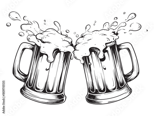 Beer Mugs Foam Splashing Hand Drawn Vector Illustration