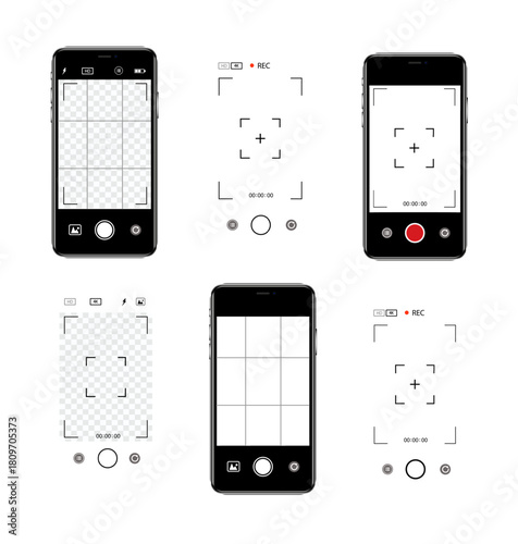 Viewfinder Camera interface in phone screen. Photo, video ui in cellphone. App for record from mobile cam. Grid, focus, button and rec. Smartphone mockup. Vector.